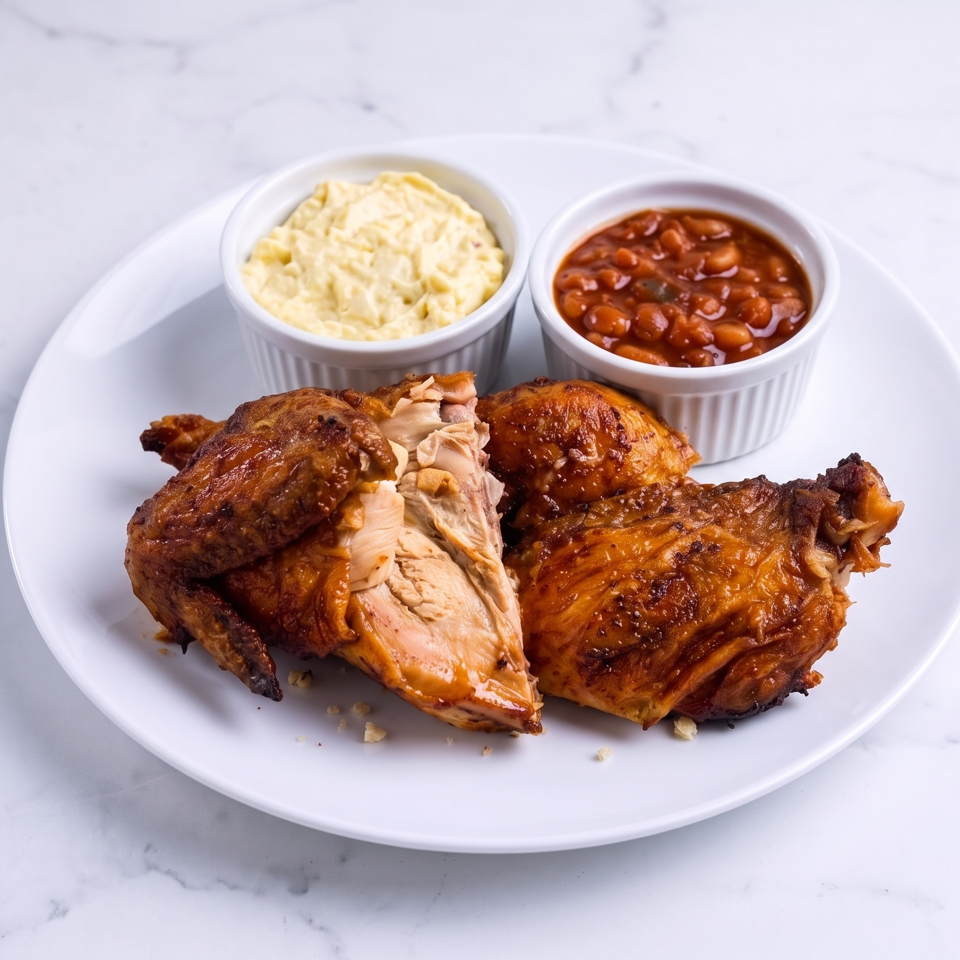 Plate of roasted chicken pieces served with creamy macaroni and cheese and baked beans on a white table.