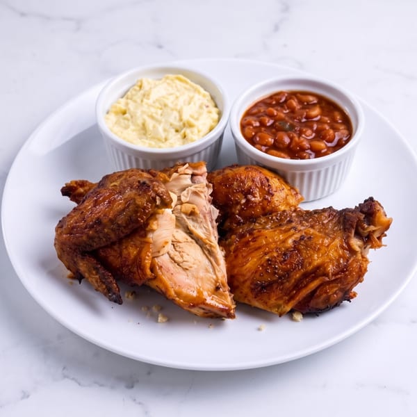 Roasted chicken pieces served with creamy coleslaw and baked beans on a white plate.