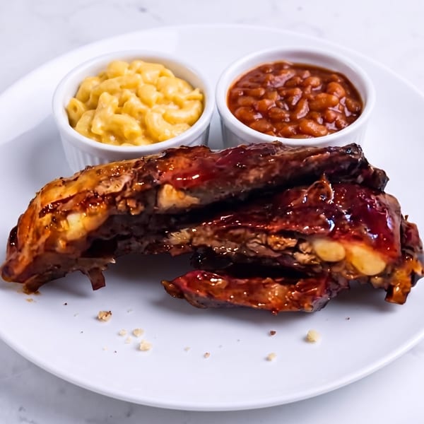 Glazed barbecue ribs served with macaroni and cheese and baked beans on a white plate.
